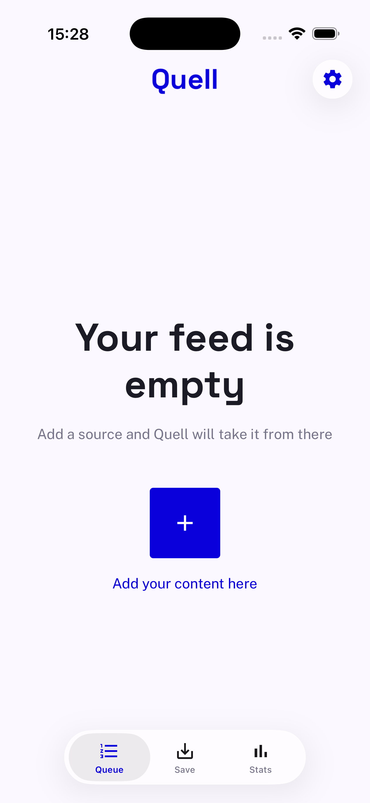 Quell queue screen showing an empty feed with an invitation to add your first source.