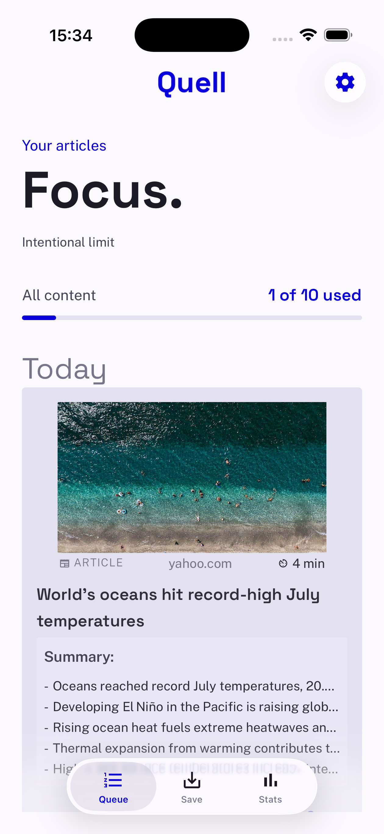 Queue screen headed Focus, with a limit bar reading 1 of 5 used and today's article card.