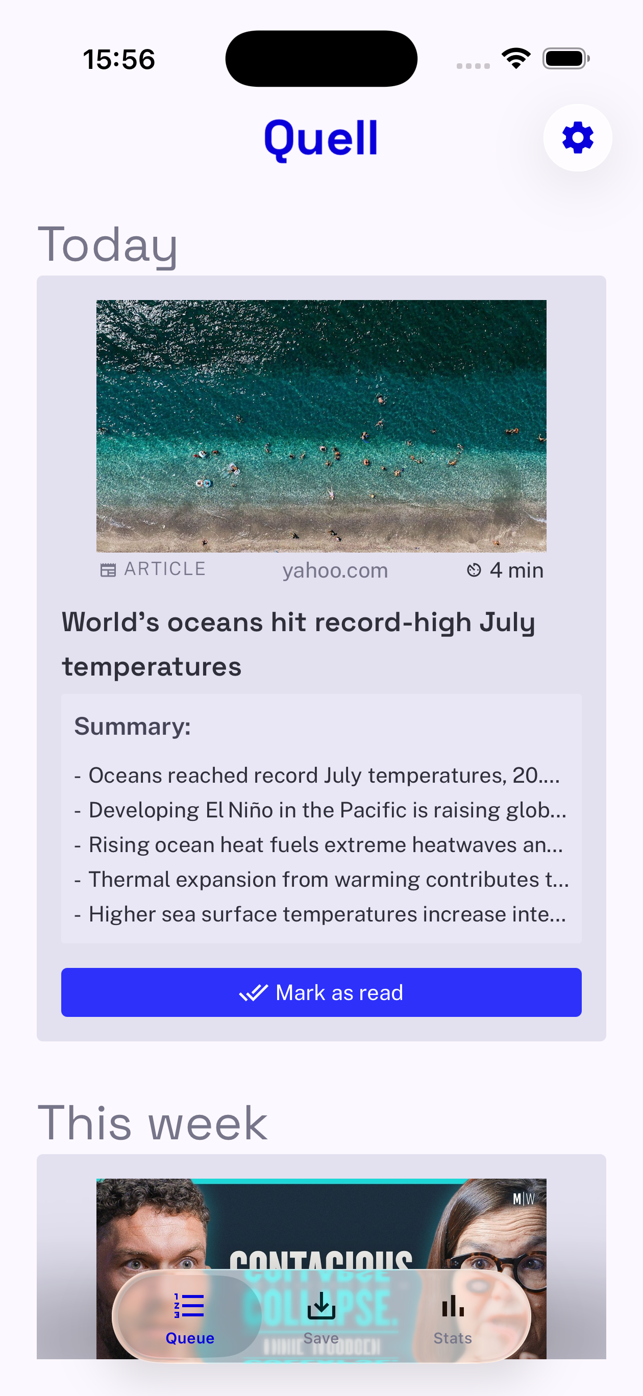 Queue card for a this-week article with an AI summary and a Mark as read button.