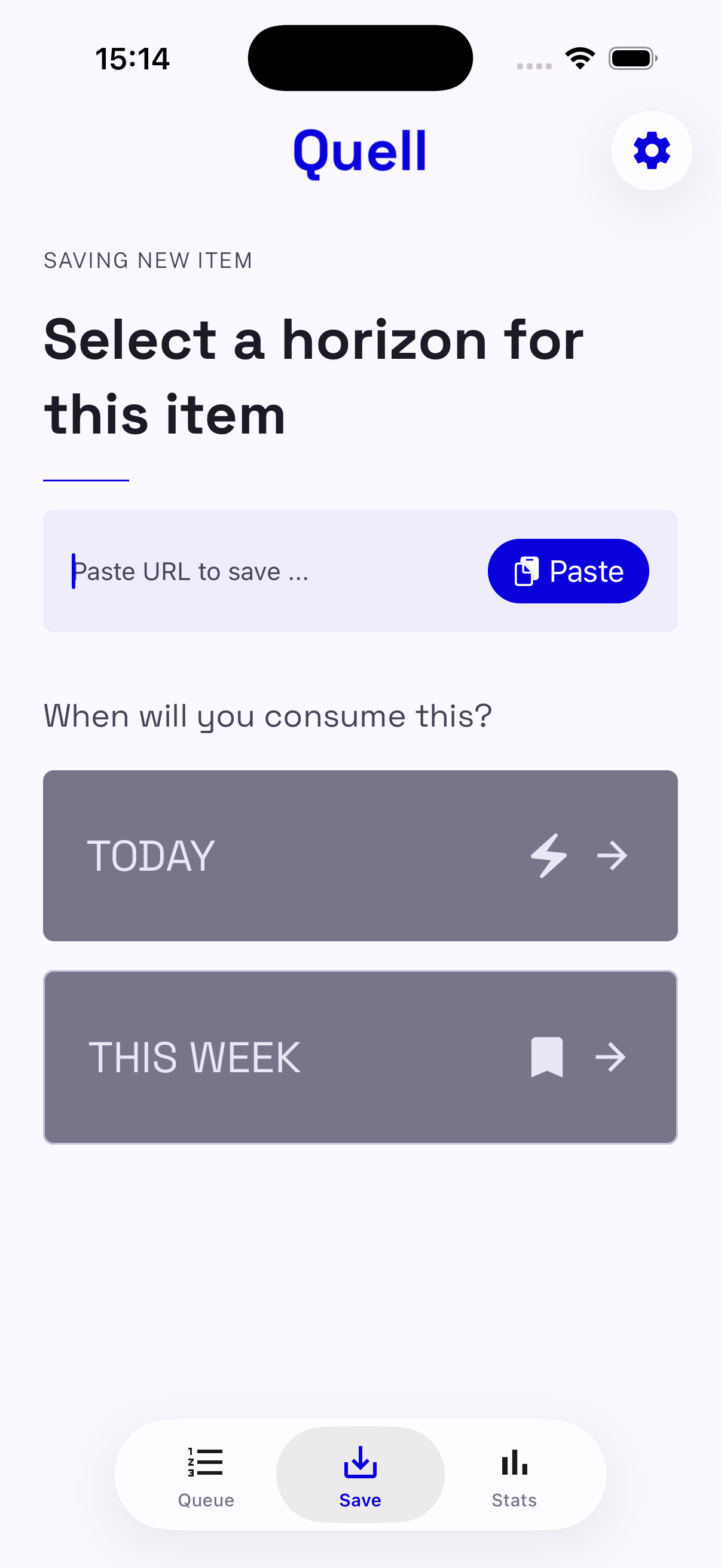 Save screen with an empty URL field and two commitment options: today or this week.
