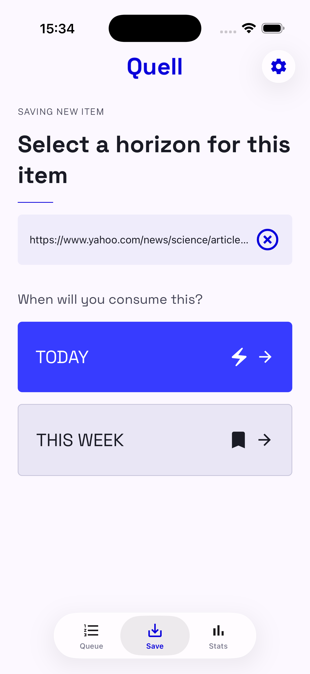 Save screen with a pasted article URL and the Today horizon selected.