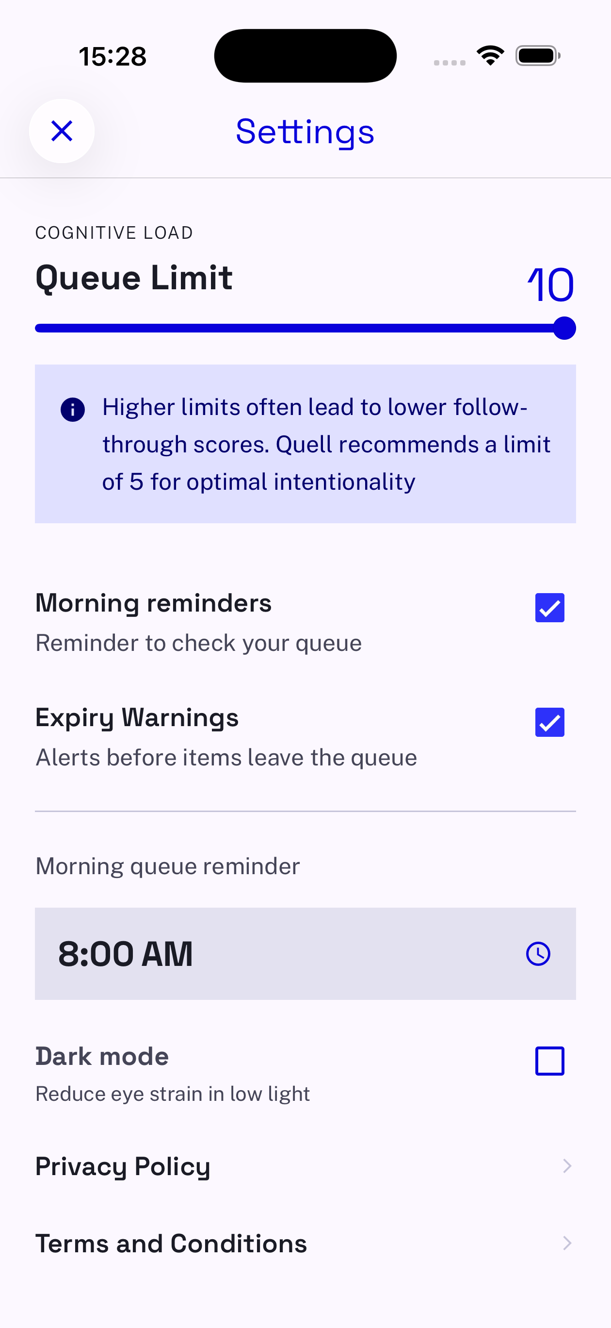 Quell settings screen showing a queue limit of 5 and a note that higher limits often lead to lower follow-through.